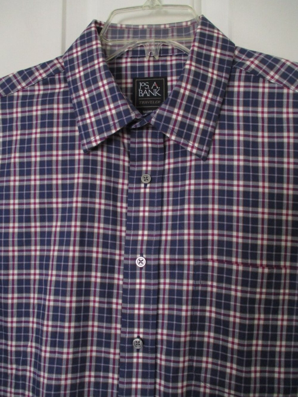 Jos. A. Bank Mens L/S Blue Wine Cotton Plaid Casual Shirt - 16.5/33-34 Slim Fit
